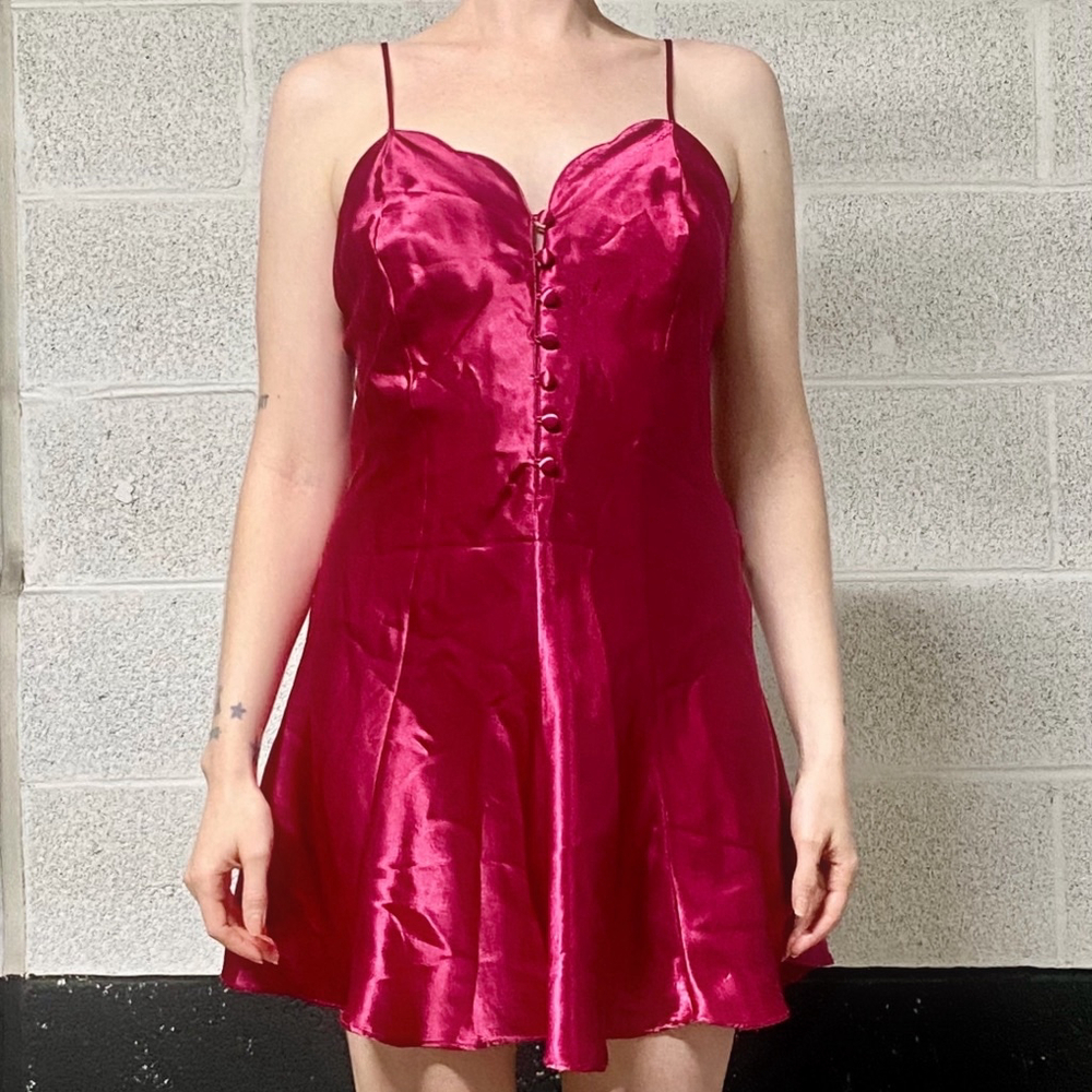 Vintage Button Front A-Line Mini Slip Dress with Adjustable Straps Size S